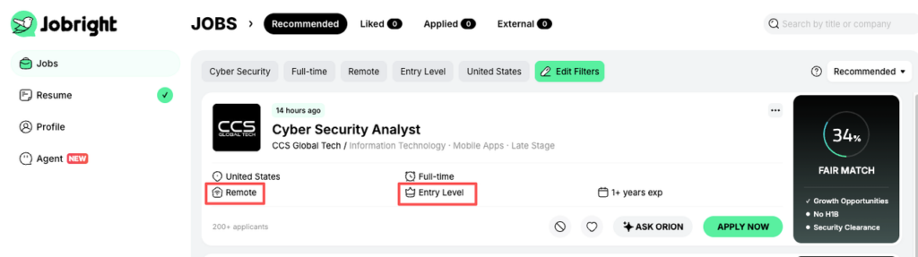 Remote entry level cyber security jobs listing on Jobright platform showing Cyber Security Analyst role with filters applied
