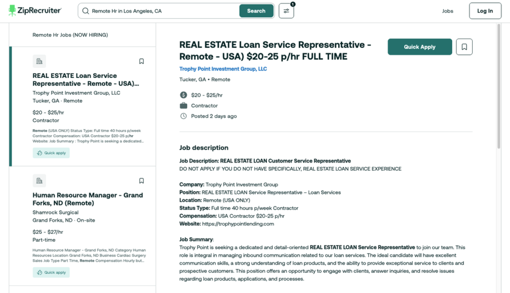 ZipRecruiter remote HR job listings in Los Angeles area for human resources jobs remote, including contractor roles with hourly pay $20–$27