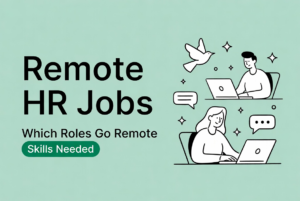 Illustration of professionals working remotely on laptops for human resources jobs remote, featuring teamwork, communication bubbles, and motivational elements