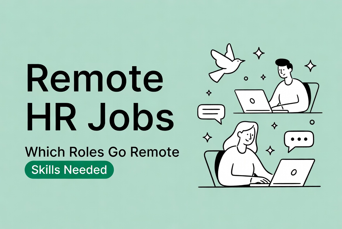 Illustration of professionals working remotely on laptops for human resources jobs remote, featuring teamwork, communication bubbles, and motivational elements