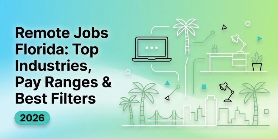 Vibrant illustration of remote jobs in Florida 2026 featuring laptop, palm trees, and city skyline highlighting top industries, salaries, and job search filters for work-from-home opportunities.