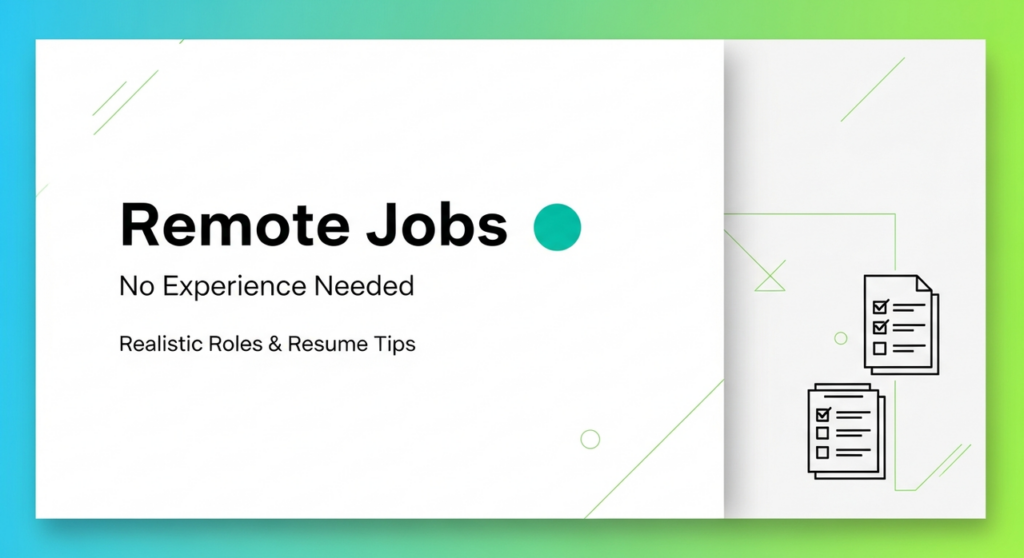 Banner highlighting remote jobs no experience needed, with realistic roles, resume tips, and checklist icons for entry-level work-from-home opportunities.