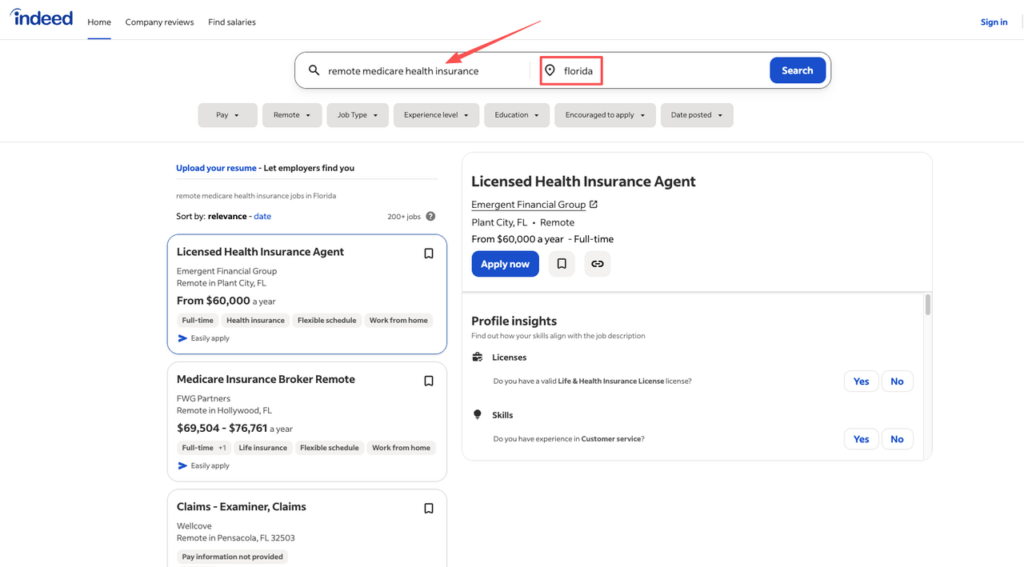 Indeed job search results for remote Medicare health insurance roles in Florida showing Licensed Health Insurance Agent positions from $60,000+, remote work options, and filters for full-time flexible schedules.