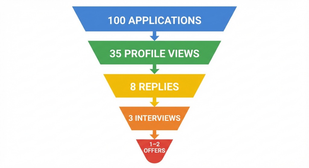 Funnel chart showing remote part time jobs job search reality: 100 applications lead to 35 profile views, 8 replies, 3 interviews, and 1-2 offers