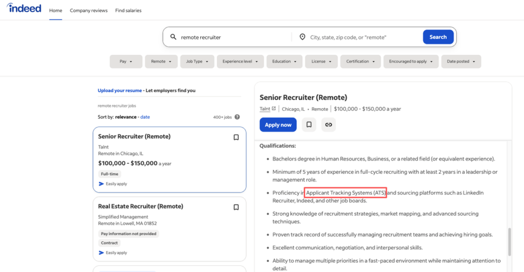 Indeed job search results showing remote senior recruiter positions in human resources jobs remote, with salary $100K–$150K and ATS proficiency highlighted