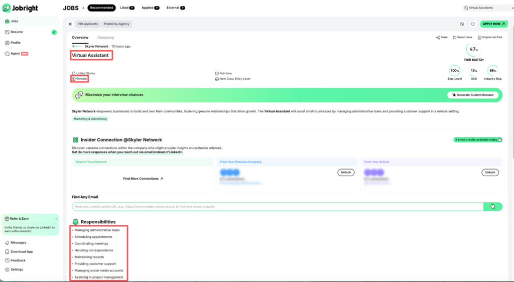 Jobright listing for virtual assistant jobs remote at Skyler Network, showing responsibilities including scheduling appointments and customer support