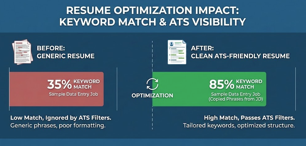 Before and after comparison showing how keyword optimization improves success when applying for work from home jobs near me.