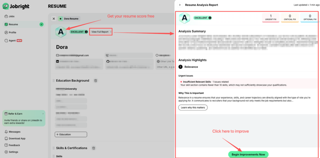 Resume analysis tool screenshot for data analyst jobs, earning an 'A Excellent' score but highlighting issues like insufficient skills to improve relevance and attract recruiters.