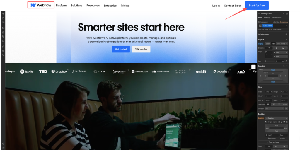 Webflow AI-native platform editor interface for creating smarter sites, ideal no-code side hustle opportunity in 2026