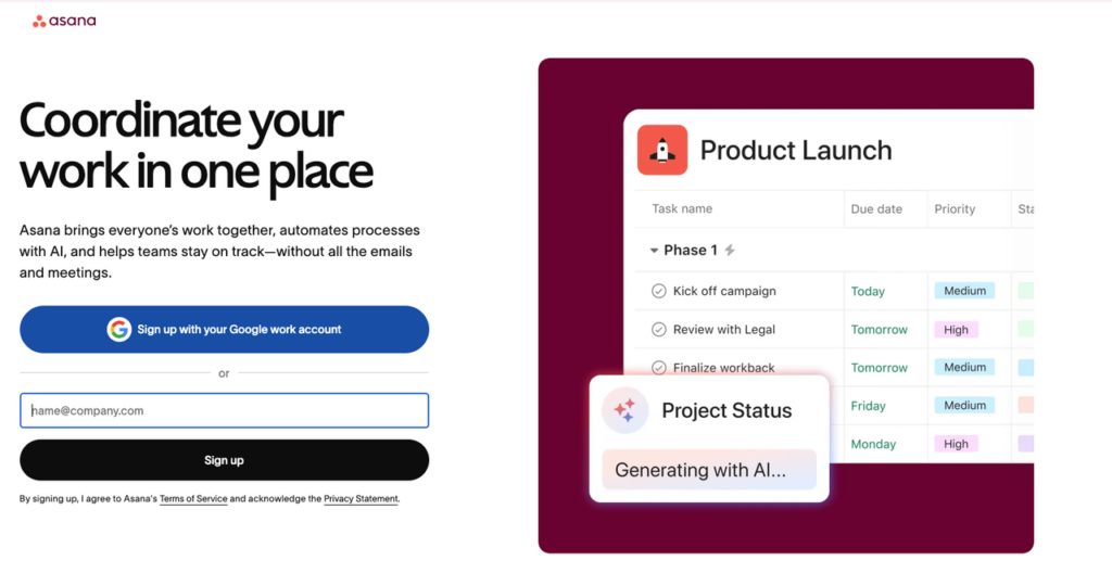 Asana interface for virtual assistant jobs remote, displaying task management, project status, and AI-generated updates to coordinate work efficiently