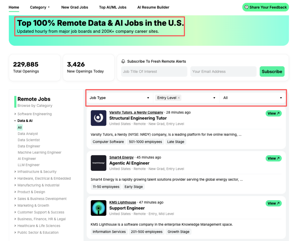 Fresh remote data entry jobs section showing entry-level listings updated hourly from major boards in the US