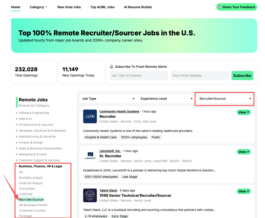 RemoteOK dashboard displaying top remote recruiter/sourcer jobs in human resources jobs remote category, with live counts and company examples