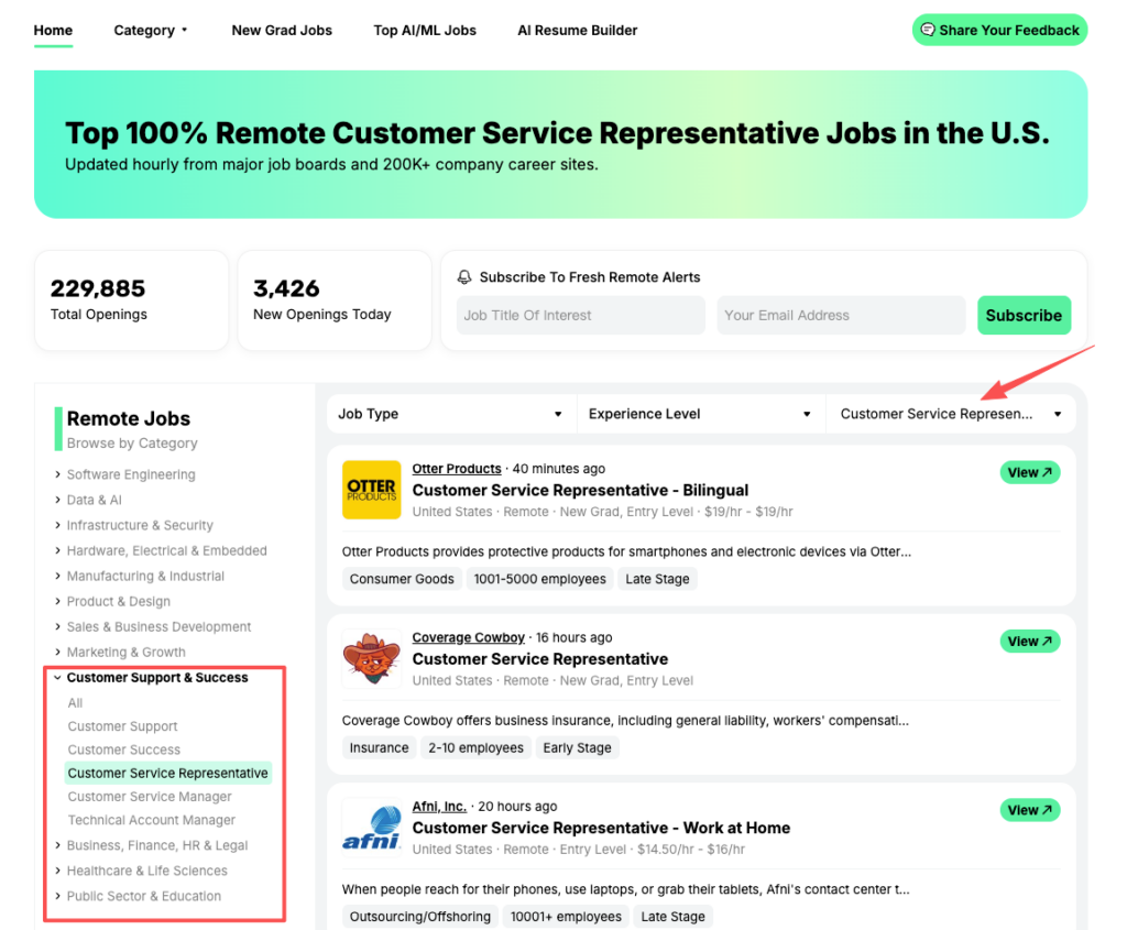 Job board screenshot of top 100% remote customer service representative jobs in the US for 2026 with filters for entry-level, bilingual, and work-from-home roles
