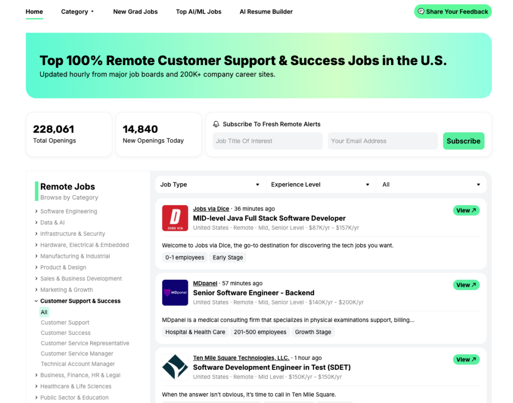 Job board screenshot showing top 100% remote customer support and success entry level remote jobs in the US, with real-time openings and filters.