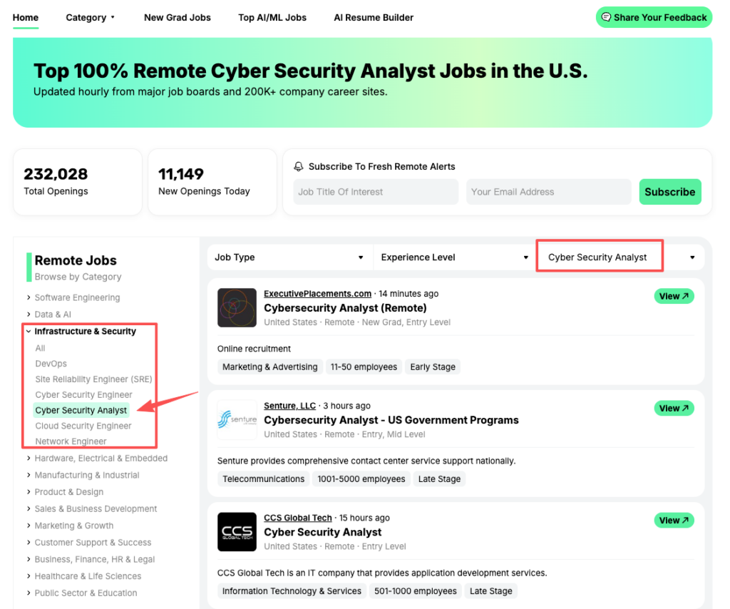 Remote cyber security jobs entry level analyst openings aggregated from major boards with filters for new grad and infrastructure security