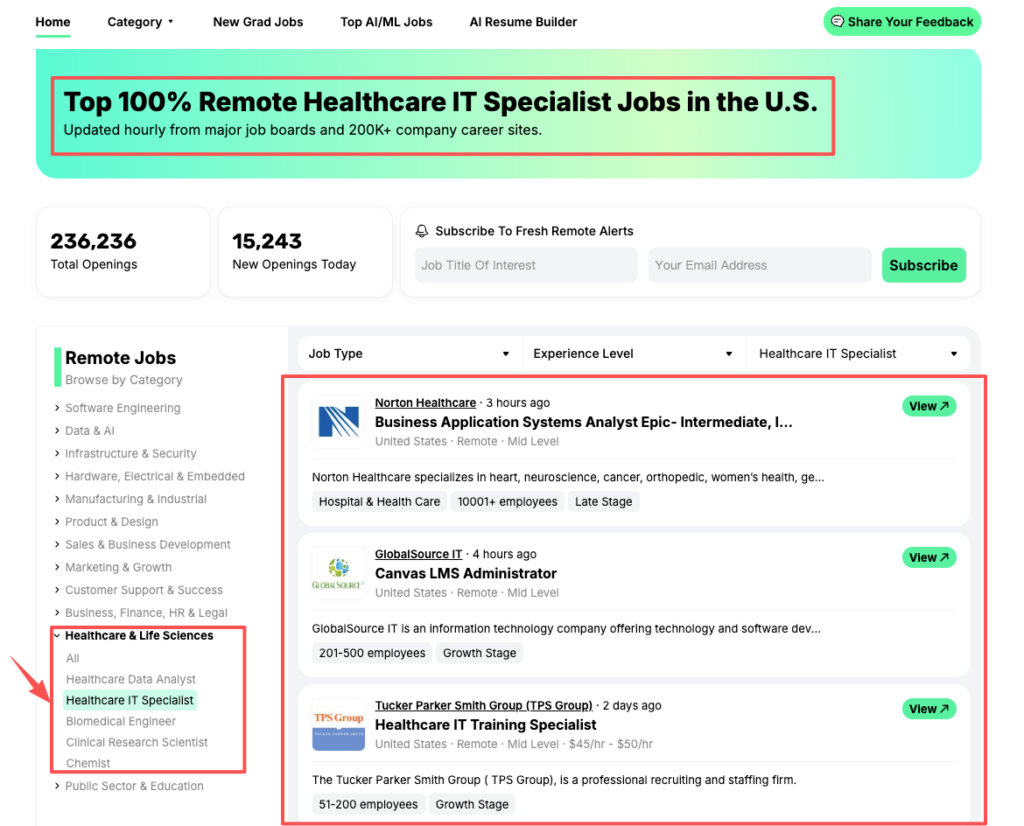 Remote job board category for Healthcare IT Specialist showing Epic analyst positions, with filters for remote Epic roles and recent postings from Norton Healthcare and others.