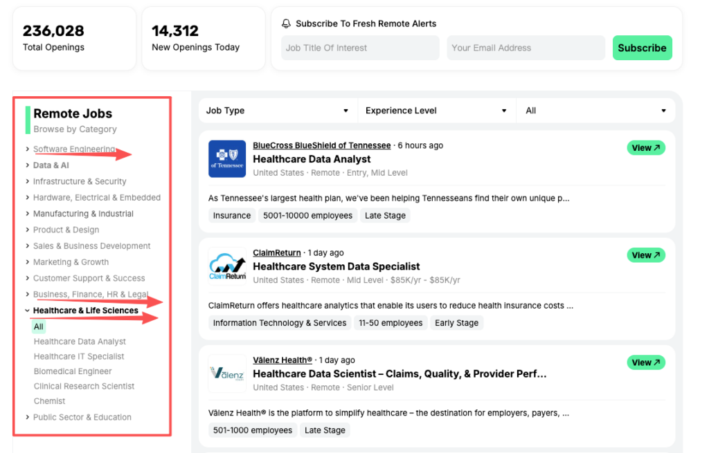 Remote job board interface displaying categories including Software Engineering, Data & AI, Healthcare & Life Sciences for remote jobs in Florida and nationwide, with 236K+ total openings in 2026.