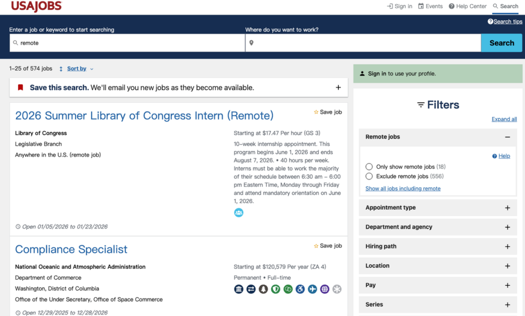 USAJOBS search results page for remote positions in 2026 including Library of Congress intern and compliance specialist roles for customer service