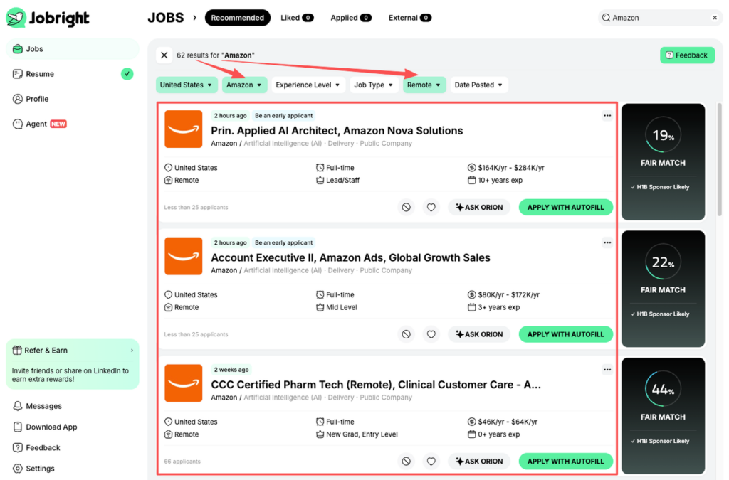 Jobright platform interface showing filtered search results and match scores for specific technical amazon remote jobs.