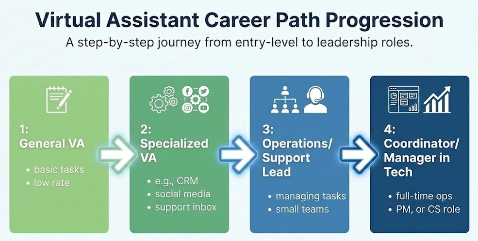 Infographic showing virtual assistant career progression from general VA to manager roles, perfect for beginners seeking remote jobs no experience.