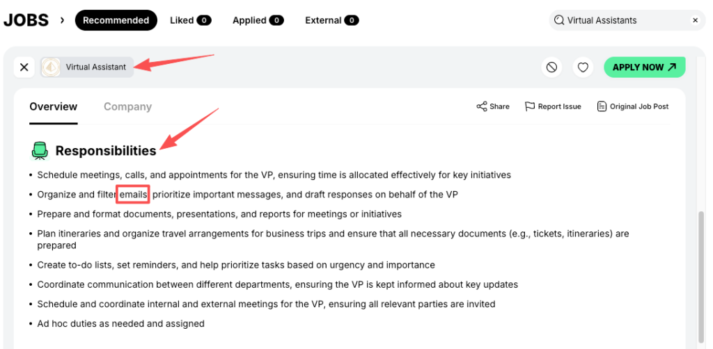 Detailed responsibilities for remote virtual assistant jobs including email organization, meeting scheduling, and travel planning for executive support