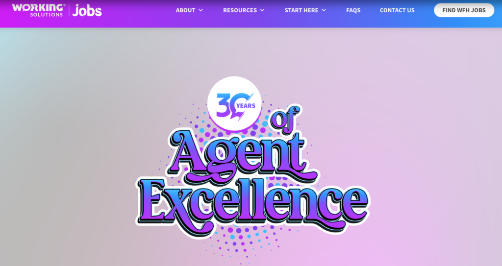 Vibrant Working Solutions site promoting remote part time jobs in customer support and agent excellence with flexible work-from-home options.