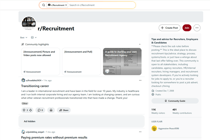 Subreddit - r/Recruitment Overview