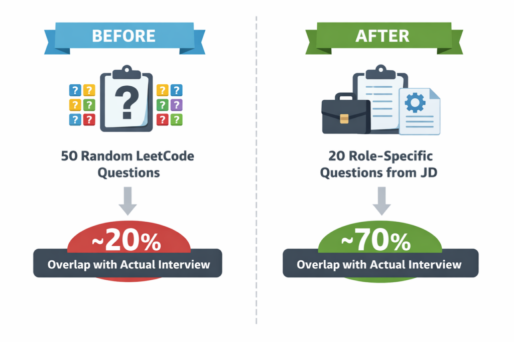 Before and after infographic showing 20% vs 70% overlap with ChatGPT job interview prompt tailored from job description for better results