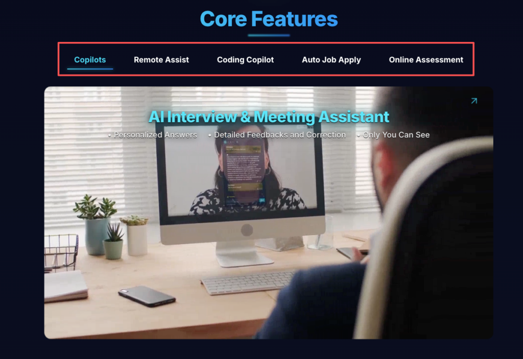 Overview of LockedIn AI core features, highlighting the AI Interview & Meeting Assistant with real-time personalized answers.