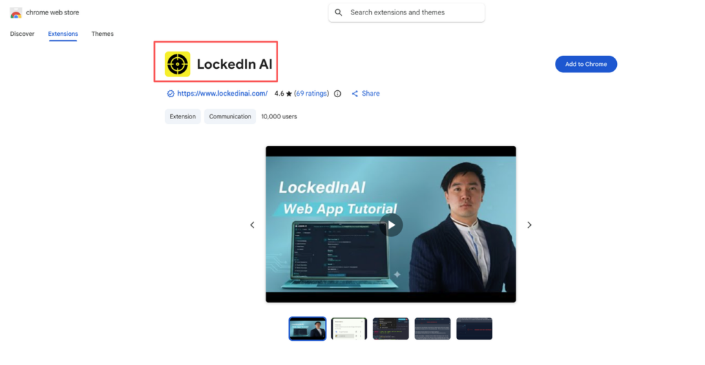 The official Google Chrome Web Store listing for the LockedIn AI extension, allowing users to add the tool to their browser.