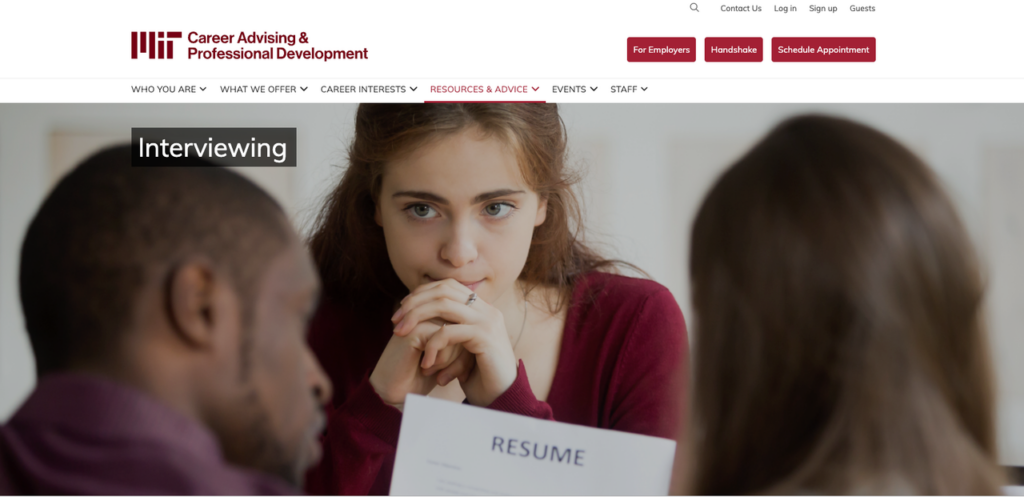 MIT Career Advising interviewing page with student in discussion using ChatGPT job interview prompt techniques for strong preparation