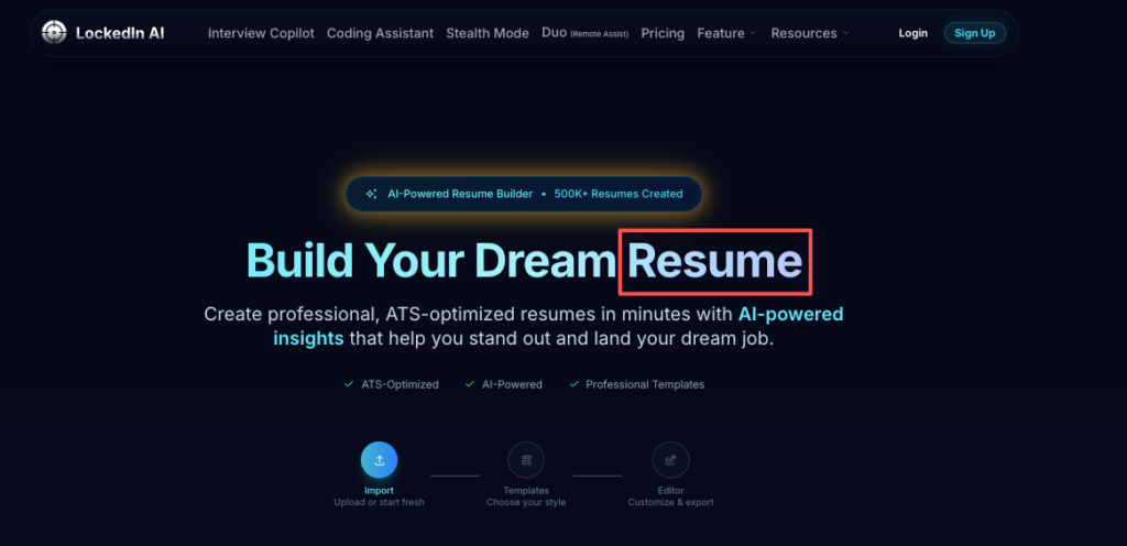The AI-powered resume builder interface highlighted in our LockedIn AI review, showing ATS optimization and professional templates.
