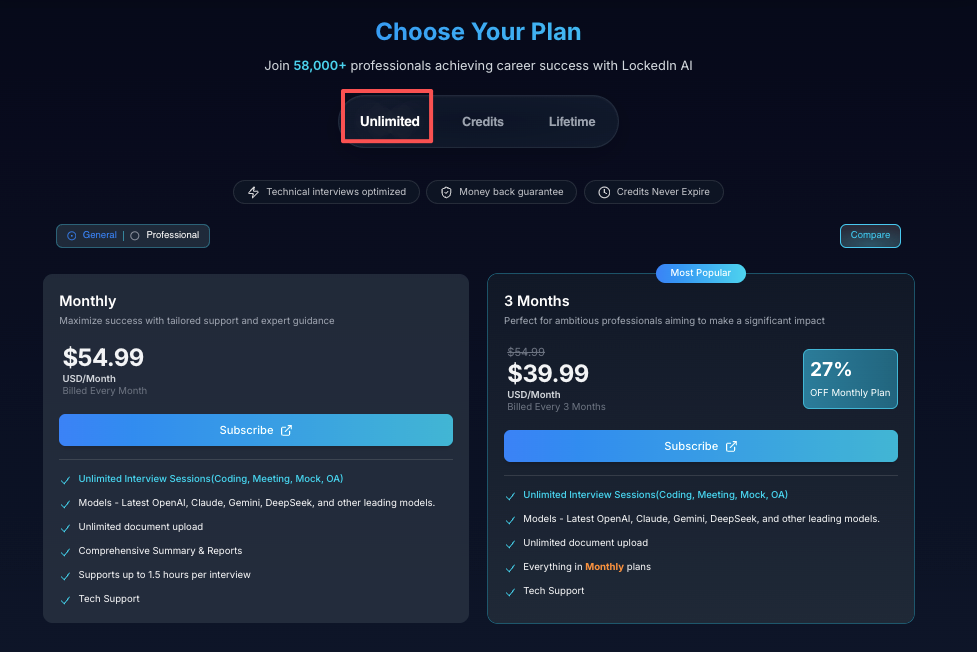 View of the Unlimited tier in LockedIn AI pricing, highlighting discounted monthly and quarterly rates for subscribers.