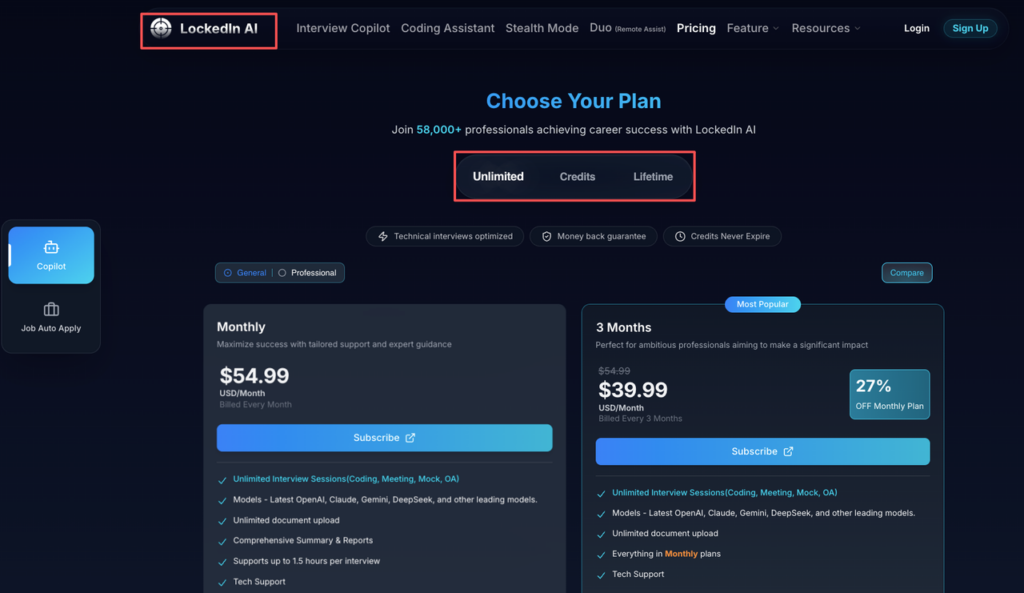 LockedIn AI pricing page highlighting the Unlimited plan for lifetime access with unlimited interview sessions via the Chrome extension and latest AI models