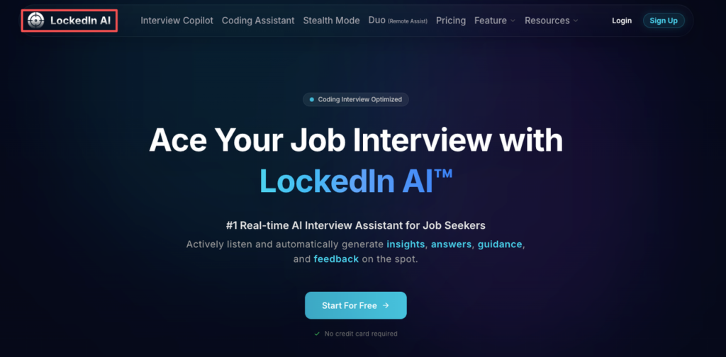 The homepage hero section of LockedIn AI, featuring the #1 real-time AI interview assistant to help ace job interviews.