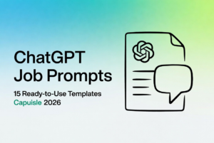 Collection of 15 ready-to-use ChatGPT job search prompts templates for resume, applications and interviews in 2026 by Capuisle, featuring document and speech bubble design