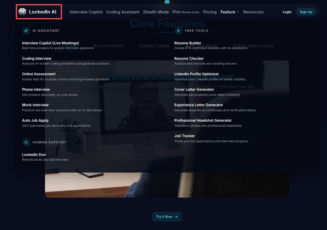 A dashboard screenshot showing core features covered in this LockedIn AI review, including the Interview Copilot and free tools.