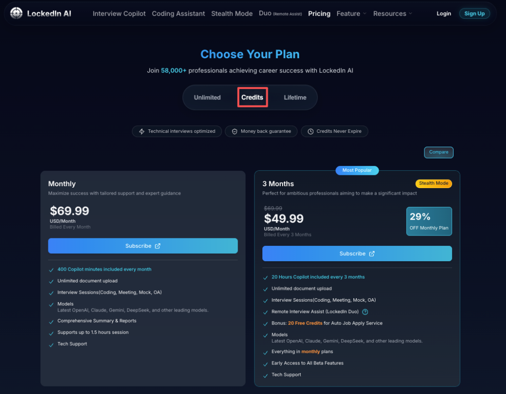 Screenshot displaying the Credits tier of LockedIn AI pricing, showing costs for monthly and 3-month subscription plans.