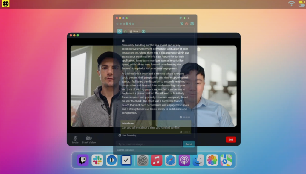 A screenshot demonstrating how to use LockedIn AI during a live video call to generate real-time answers to questions.