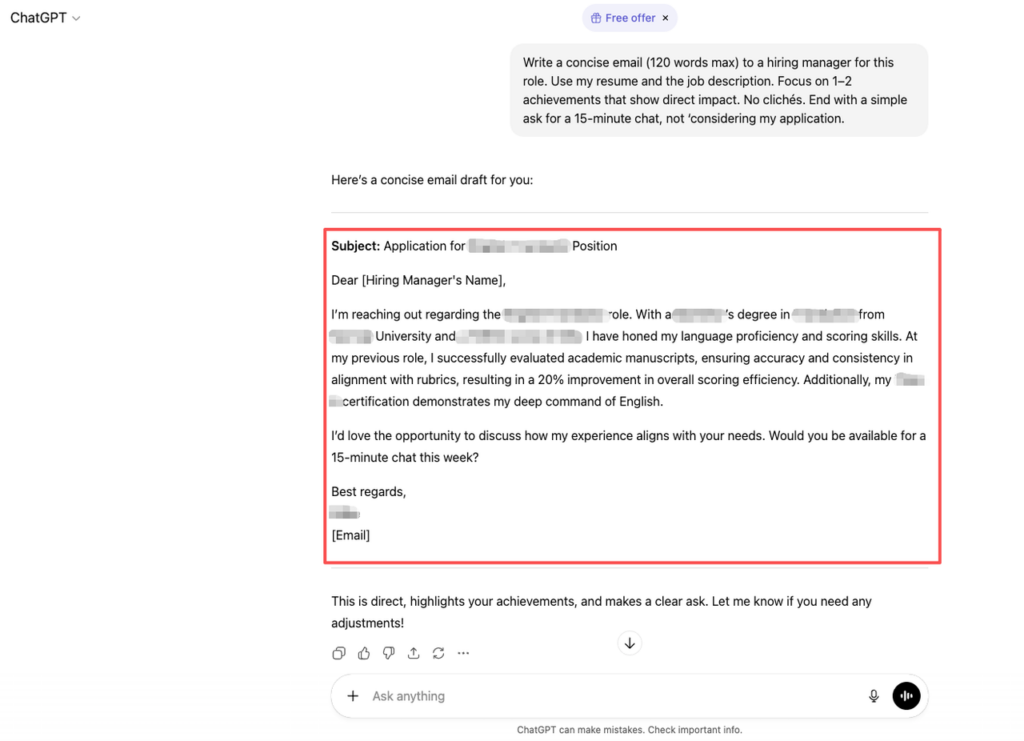 Professional concise cold email draft created with ChatGPT job search prompts to hiring manager, highlighting key achievements and requesting 15-minute chat without clichés