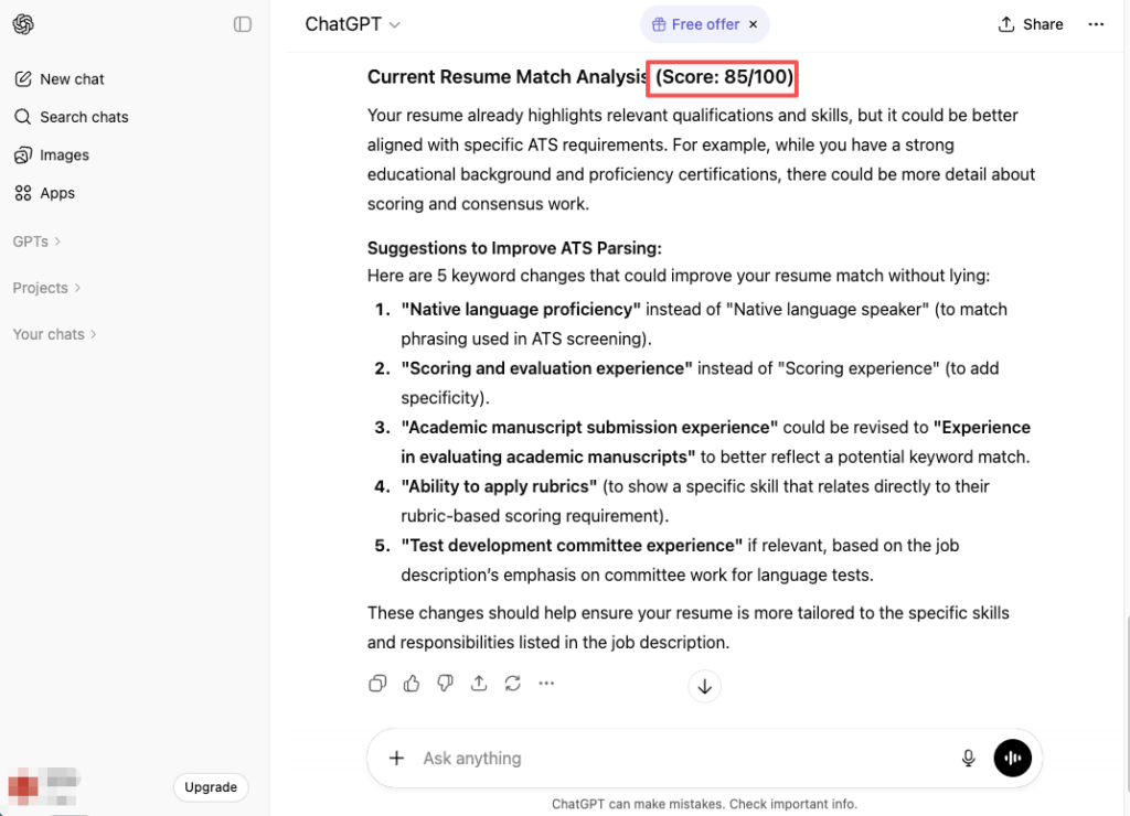 ChatGPT job search prompts result showing 85/100 resume match score to job description, with 5 ATS keyword improvement suggestions like "proficiency" and "evaluation experience"