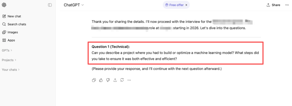 ChatGPT simulated job interview starting with technical question on ML model using effective ChatGPT job interview prompt for practice