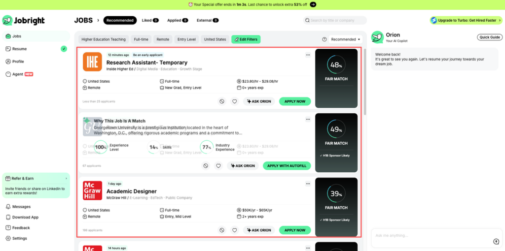 Jobright dashboard with recommended jobs and match percentages enhanced by ChatGPT job interview prompt strategies for 2026 applications