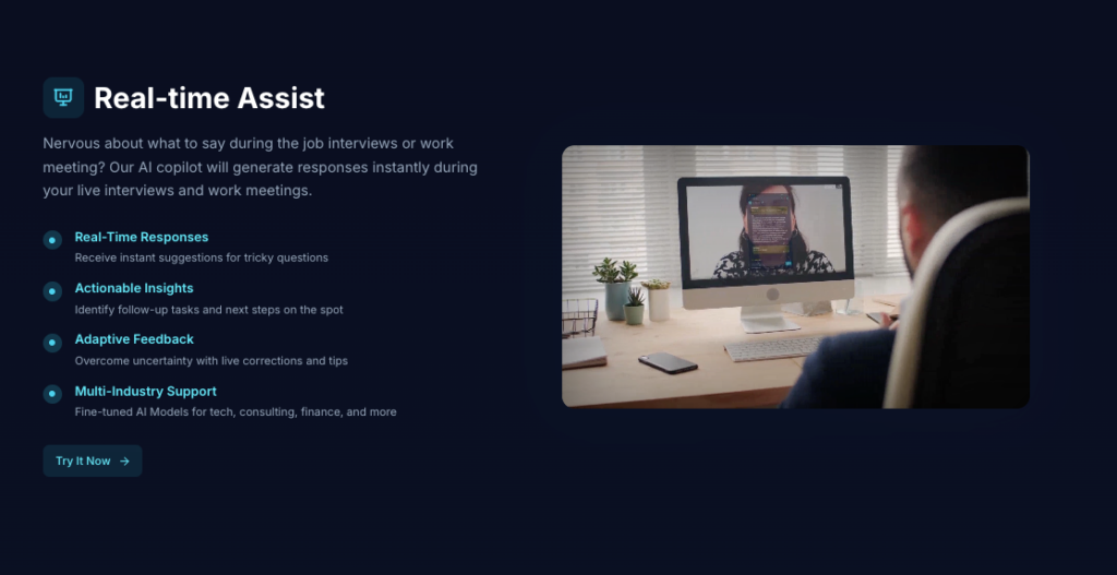 An explanation of the Real-time Assist feature from a LockedIn AI review, detailing how it generates instant interview responses.