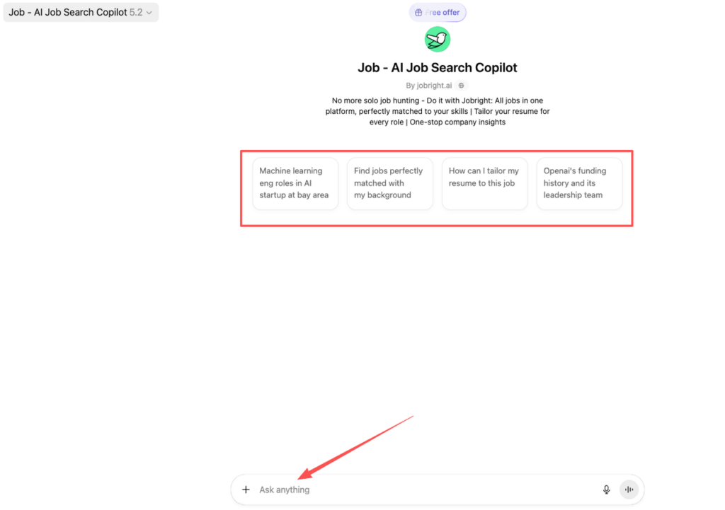 Jobright AI Job Search Copilot interface showing ChatGPT-style job search prompts for machine learning roles, resume tailoring, and company insights in Bay Area startups