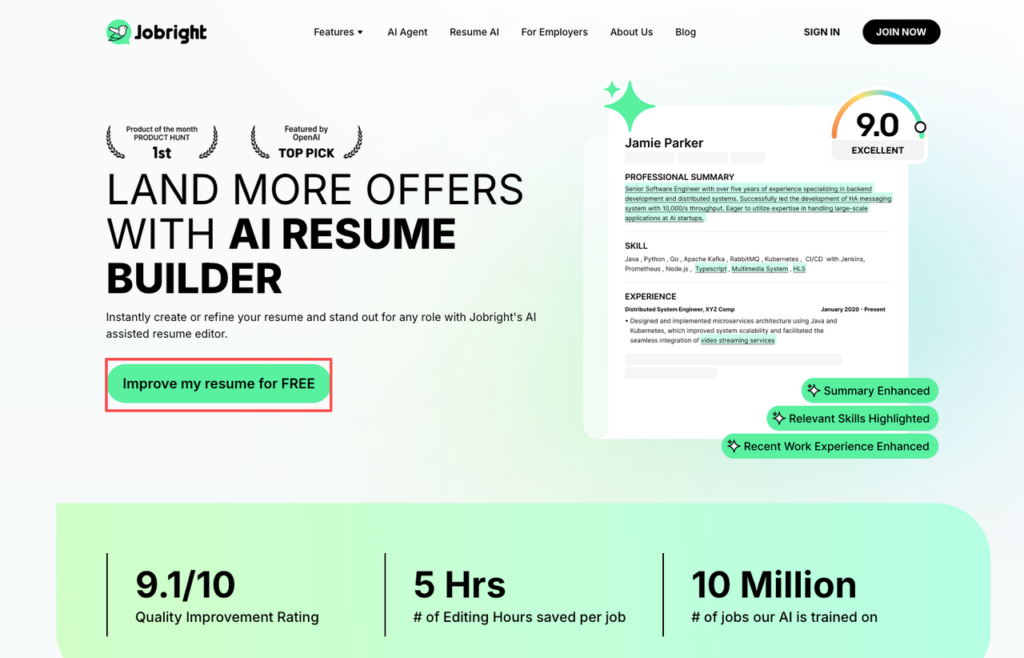Jobright.ai homepage featuring AI-enhanced resume example and free improve button – combine with chatgpt prompt for resume based on job description for best results.