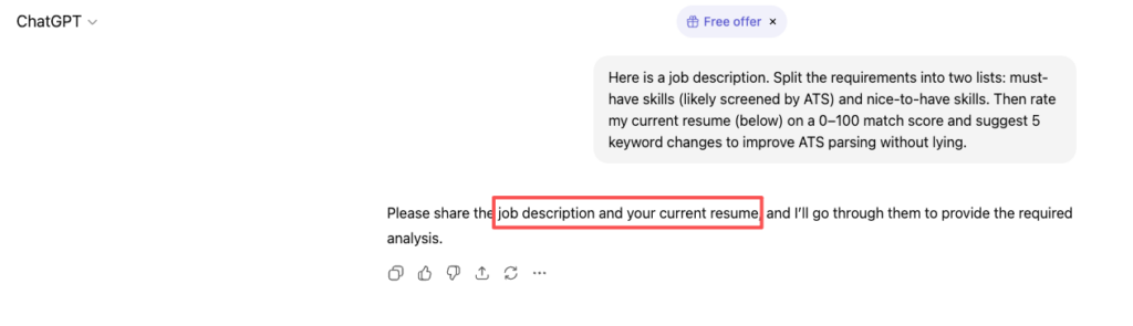 ChatGPT conversation prompting user to provide job description and resume for ATS-optimized analysis using ChatGPT job search prompts to improve keyword matching without lying