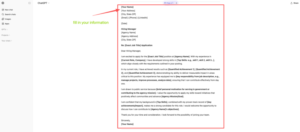 High-converting ChatGPT prompt template tailored for USAJOBS federal positions using ChatGPT for letter of interest