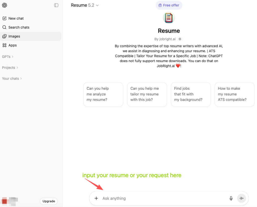 Custom ChatGPT Resume GPT by JobRight showing analyze and tailor options – perfect chatgpt prompt for resume based on job description workflow example.