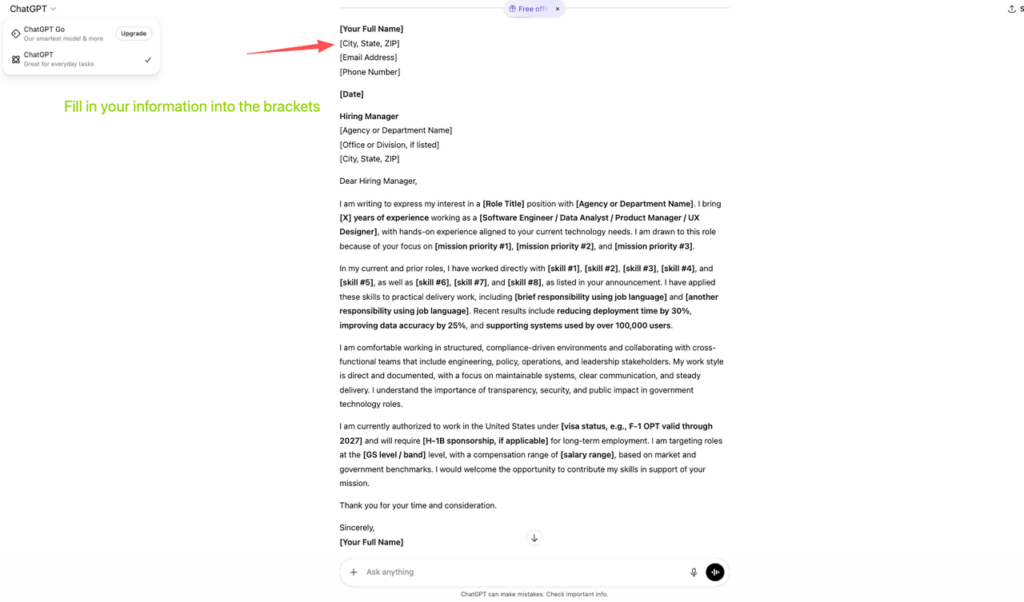 ChatGPT template for federal job cover letter with placeholders, ideal for using ChatGPT for letter of interest on USAJOBS applications